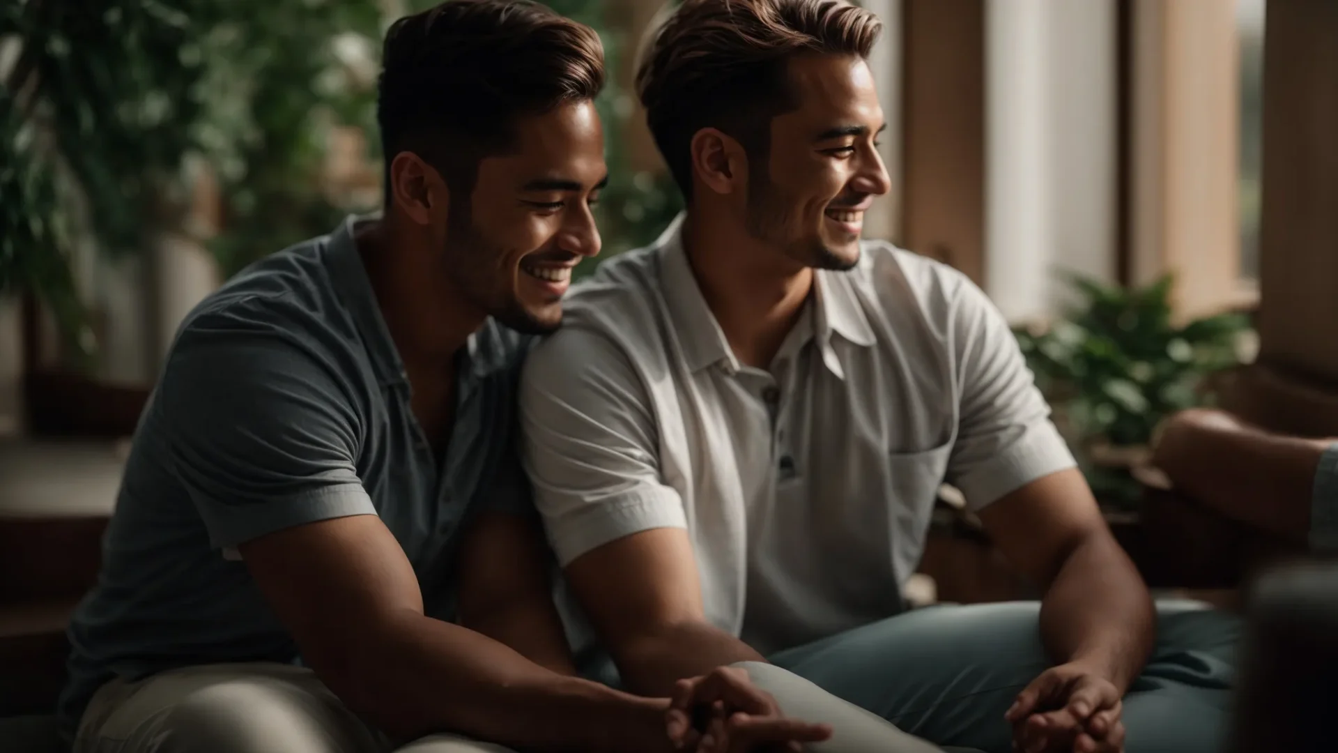 a couple sitting together in a peaceful moment, smiling and holding hands after overcoming jealousy and strengthening their bond through daily habits.