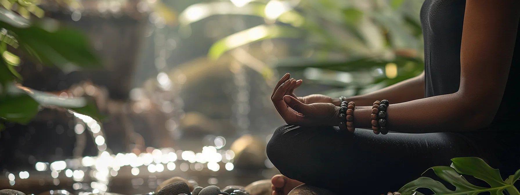 a person wearing an onyx gemstone bracelet, surrounded by calming natural elements, meditating in a serene setting.