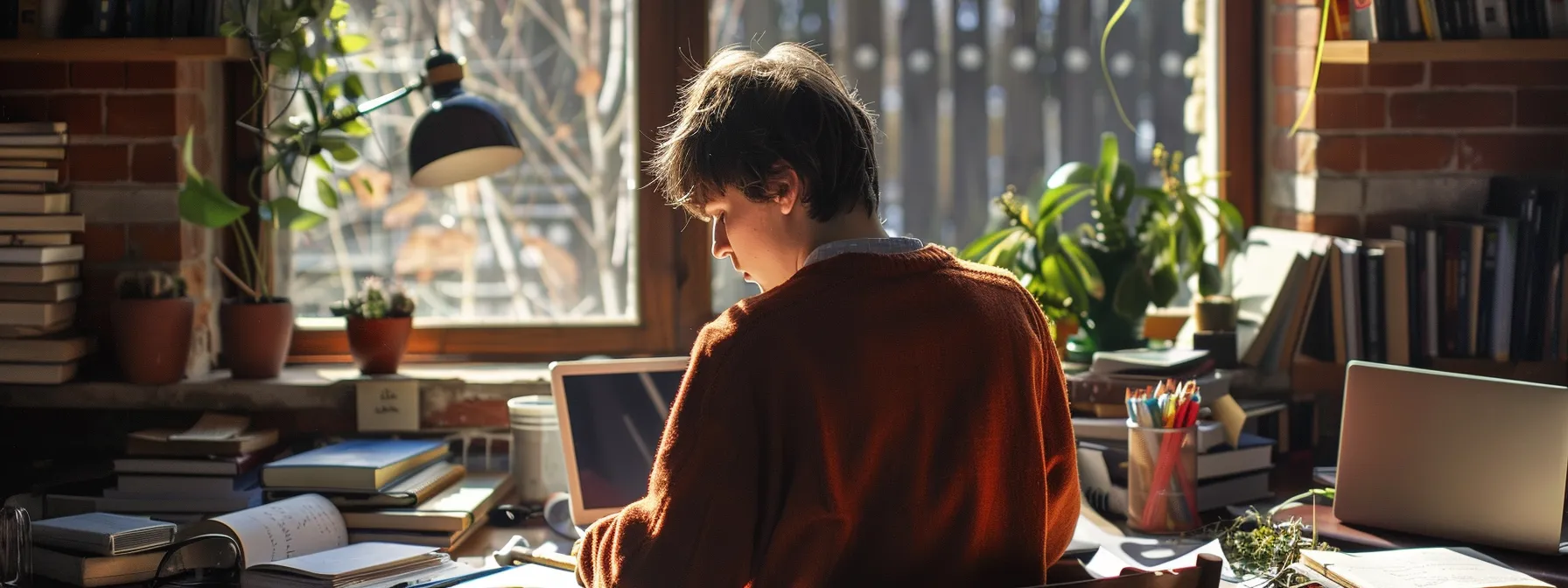 a person sitting at a desk with books and a laptop open, surrounded by notes and study materials, deep in thought and reflection.