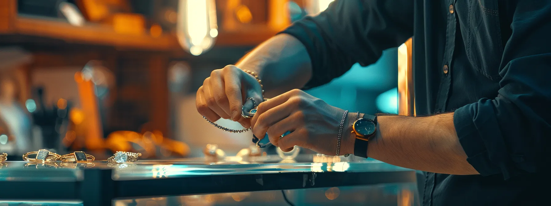 a person discussing bracelet design with jewelers at a workshop.