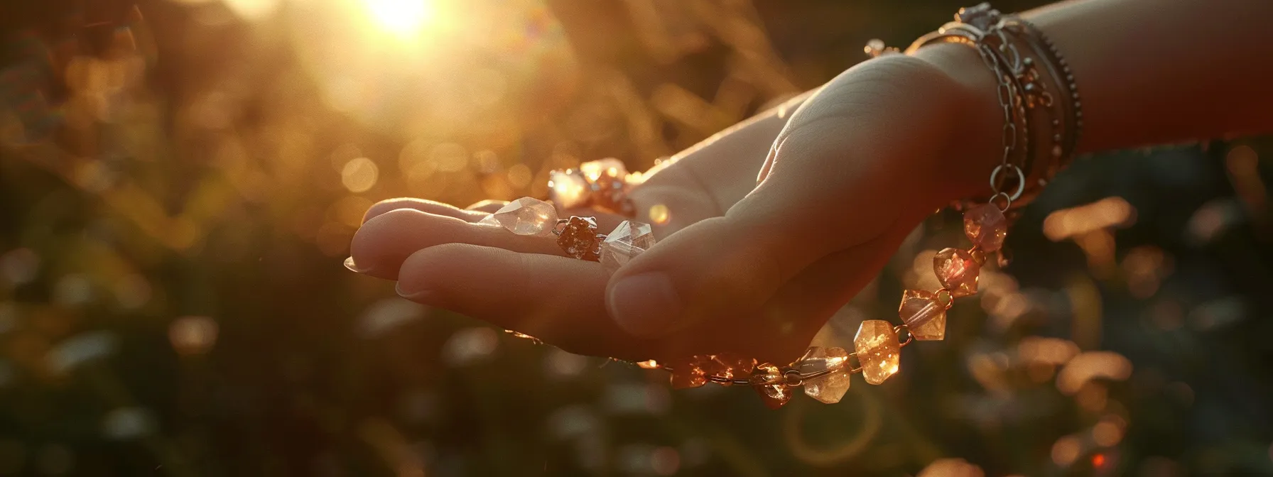 a person holding a crystal bracelet while focusing on its energy and intentions.