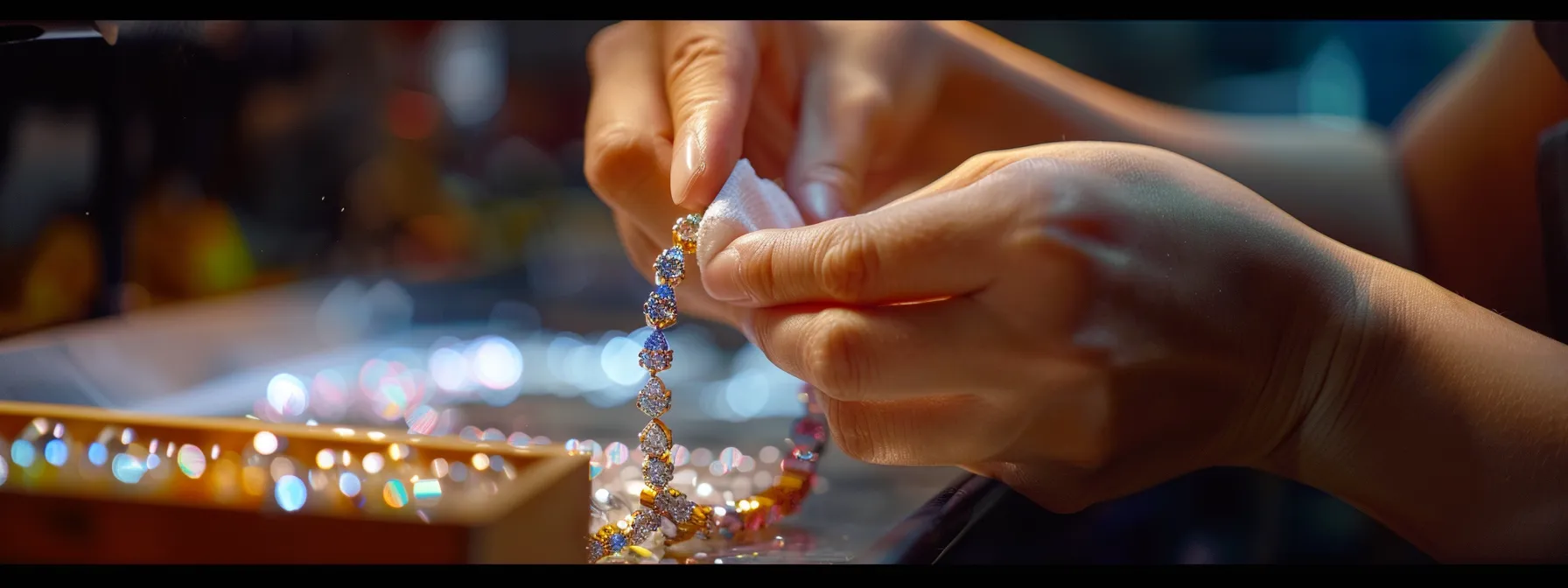 a person gently cleaning a gemstone bracelet with a soft cloth, ensuring its beauty and function is preserved.