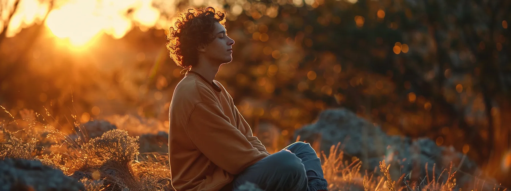 a person sitting in contemplation with eyes closed, surrounded by nature.