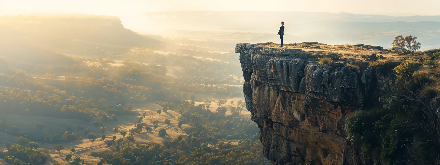 a person standing at the edge of a cliff, looking out at a vast landscape with a sense of discovery and curiosity.