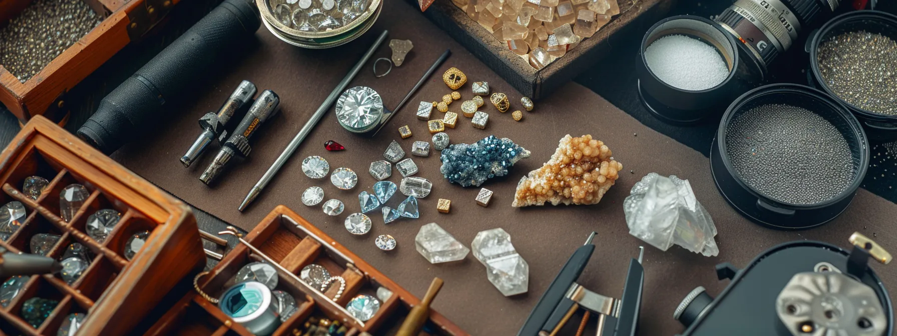 a jeweler's eye, a diamond detector, hardness sets, streak testing materials, and a chelsea filter are laid out on a table, ready for use in gemstone identification.