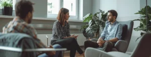 a person sitting in a cozy office chair, engaged in deep conversation with a professional mindset coach.