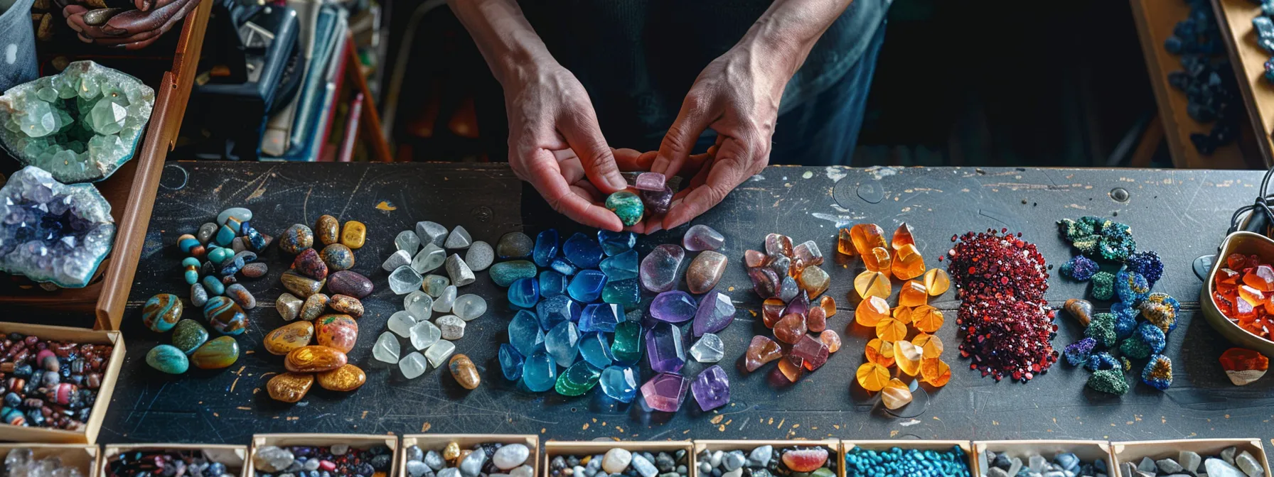 a person carefully selecting and arranging various gemstones on a table for making a custom anxiety-relief bracelet.