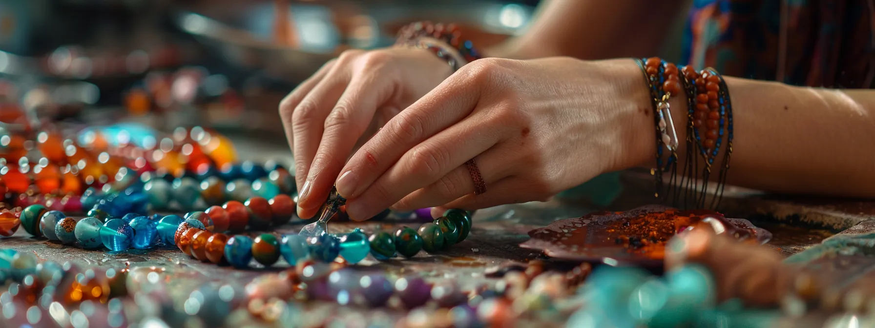 cleaning a variety of gemstone bracelets with different tools and solutions to maintain their beauty and integrity.