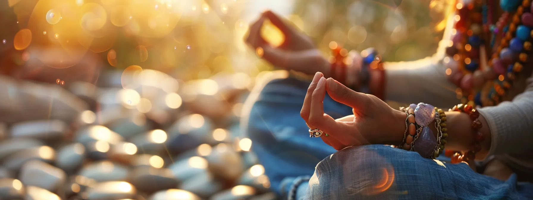 a person sitting cross-legged with eyes closed, surrounded by various gemstone bracelets while meditating on their chakras.