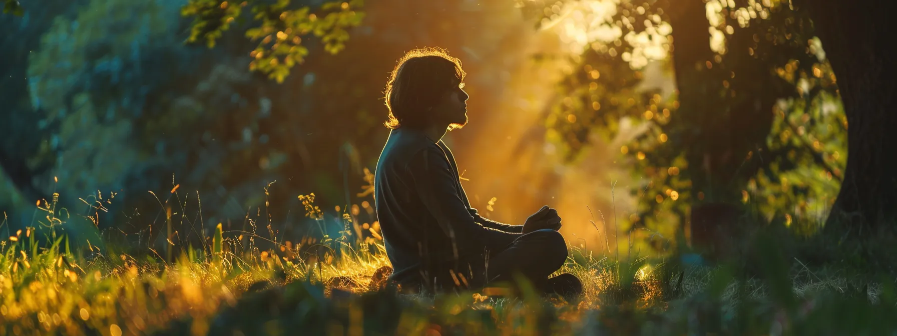 a person sitting with closed eyes, surrounded by tranquil nature, while a mentor guides and supports them through the reprogramming process using psych-k.