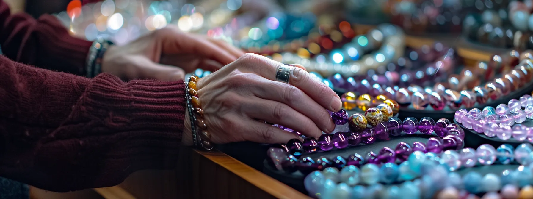 a person carefully inspecting various gemstone bracelets for durability and personal style.