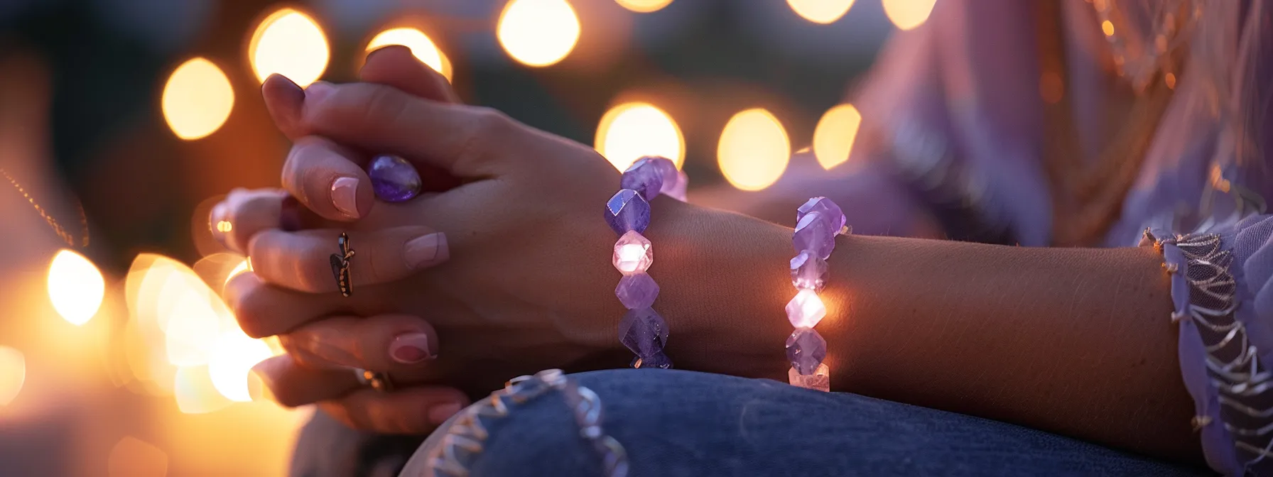 a person wearing a crystal bracelet, looking serene and peaceful as they embrace the healing energies of the gemstones.