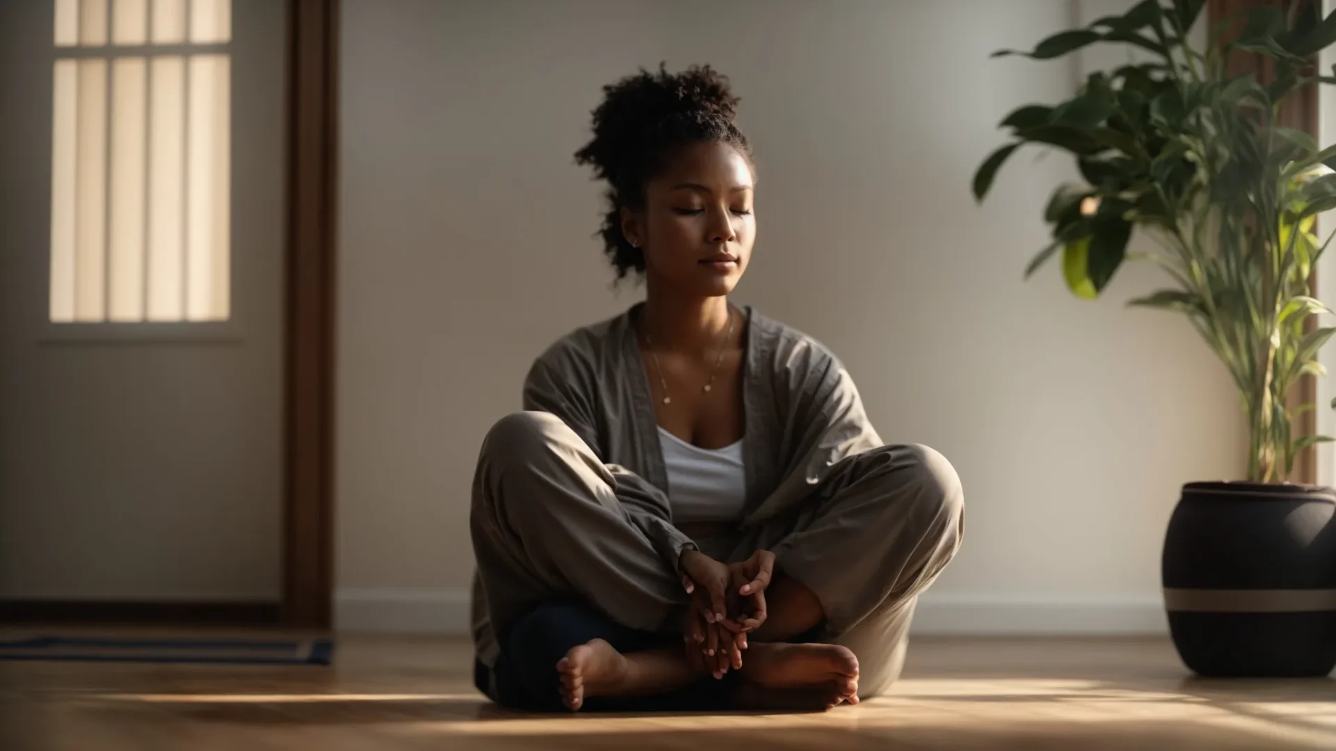 a person sitting cross-legged on the floor, meditating with eyes closed and a serene expression.