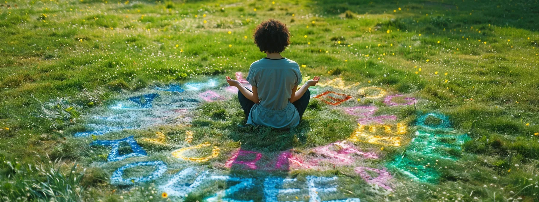 a person sitting peacefully on a grassy field with eyes closed, surrounded by a circle of positive affirmations written in colorful chalk.