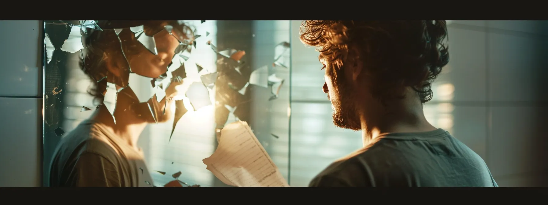 a person standing in front of a mirror, tearing down a paper with negative beliefs written on it and replacing it with a new positive affirmation.