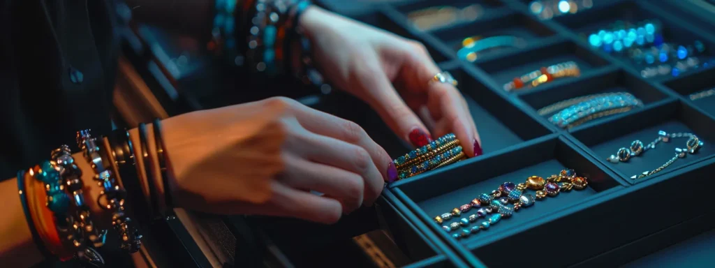 a woman carefully placing her gemstone bracelets in a jewelry box.