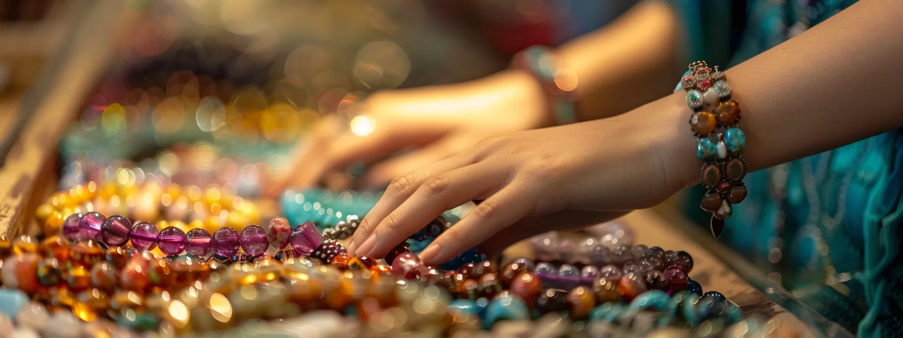 a person selecting a fair trade gemstone bracelet made from sustainable materials.