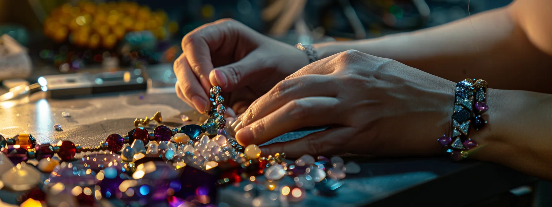 a person carefully selecting gemstones for a personalized bracelet.