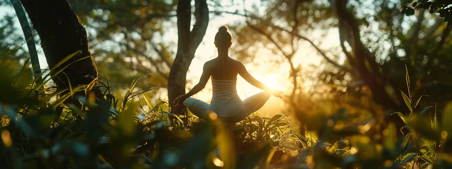 a person performing a balance exercise with their eyes closed, surrounded by serene nature.