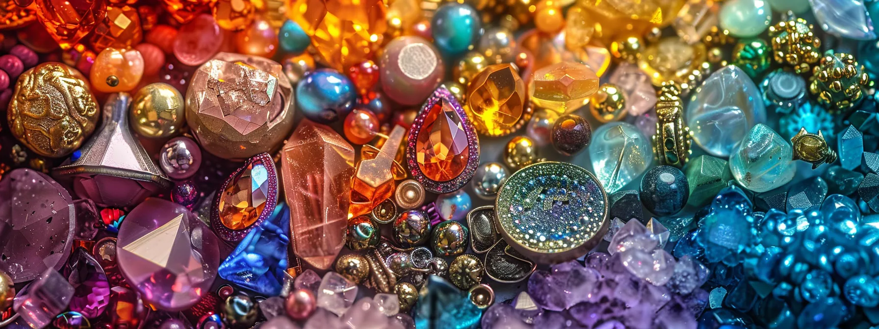 a close-up of a collection of vibrant gemstones and charms arranged in a beautiful pattern.