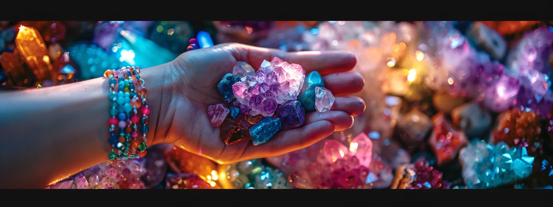 a person holding a colorful gemstone bracelet while surrounded by an array of different crystals.