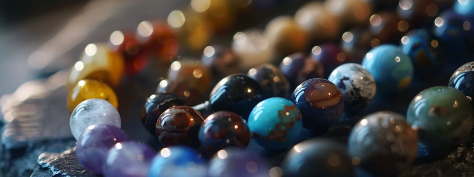 a close-up view of a bracelet made with various natural stones, showcasing its beauty and unique properties.