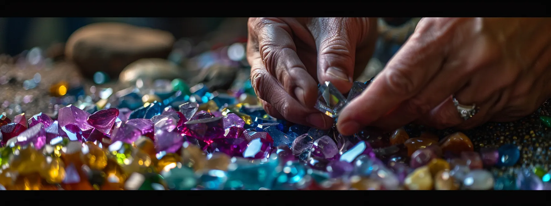 a jewelry artisan carefully selecting ethically sourced gemstones for a new creation.