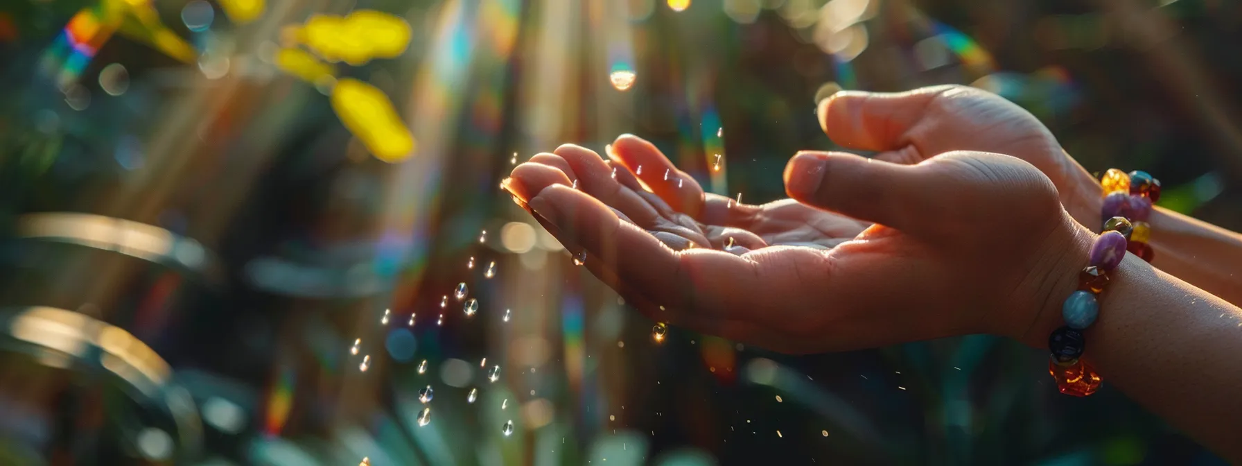 a person holding a bracelet with gemstones being cleansed under the sunlight.