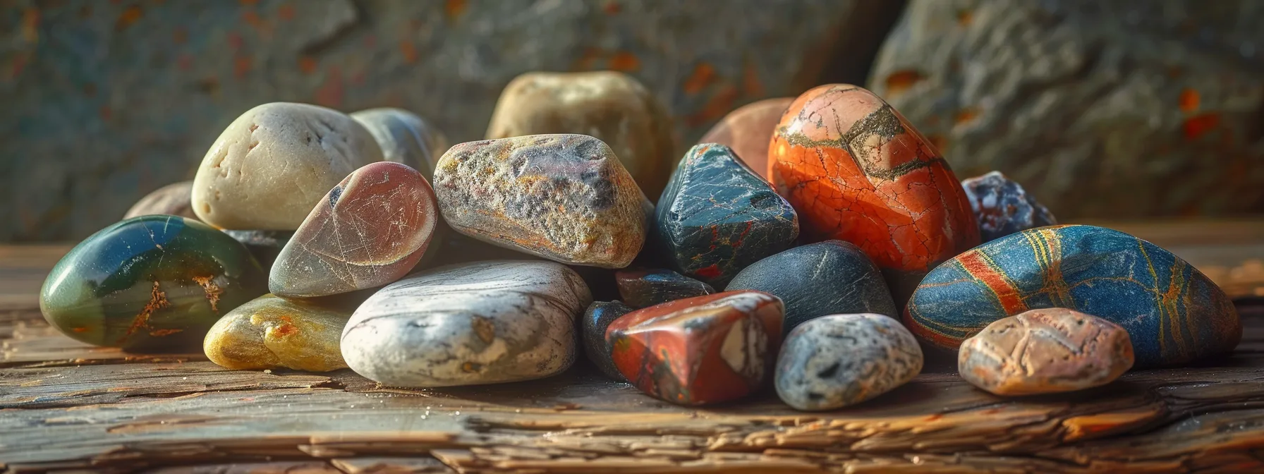 a collection of various natural stones with different colors and textures being displayed on a wooden table.