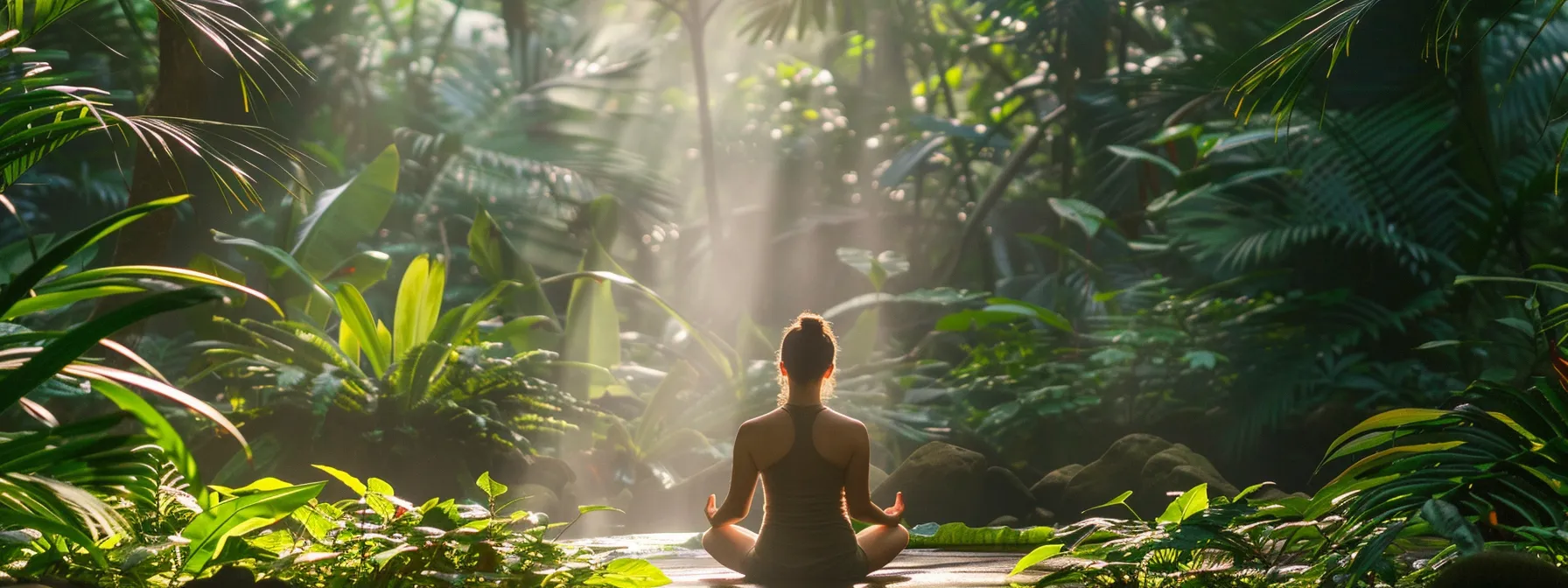 a person meditating peacefully in a serene natural setting, surrounded by lush greenery and a tranquil atmosphere.