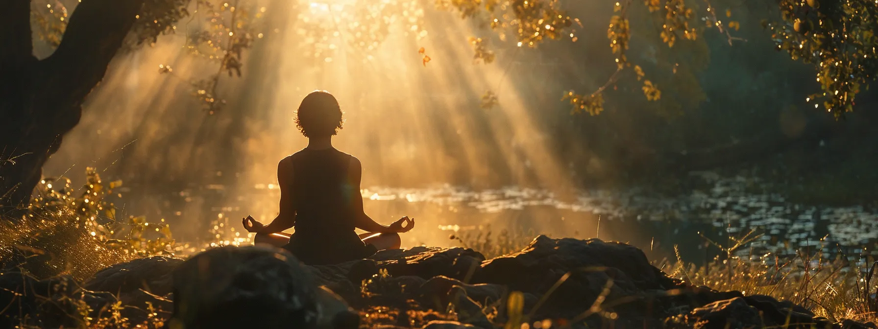 a person sitting in a peaceful meditation pose surrounded by nature.