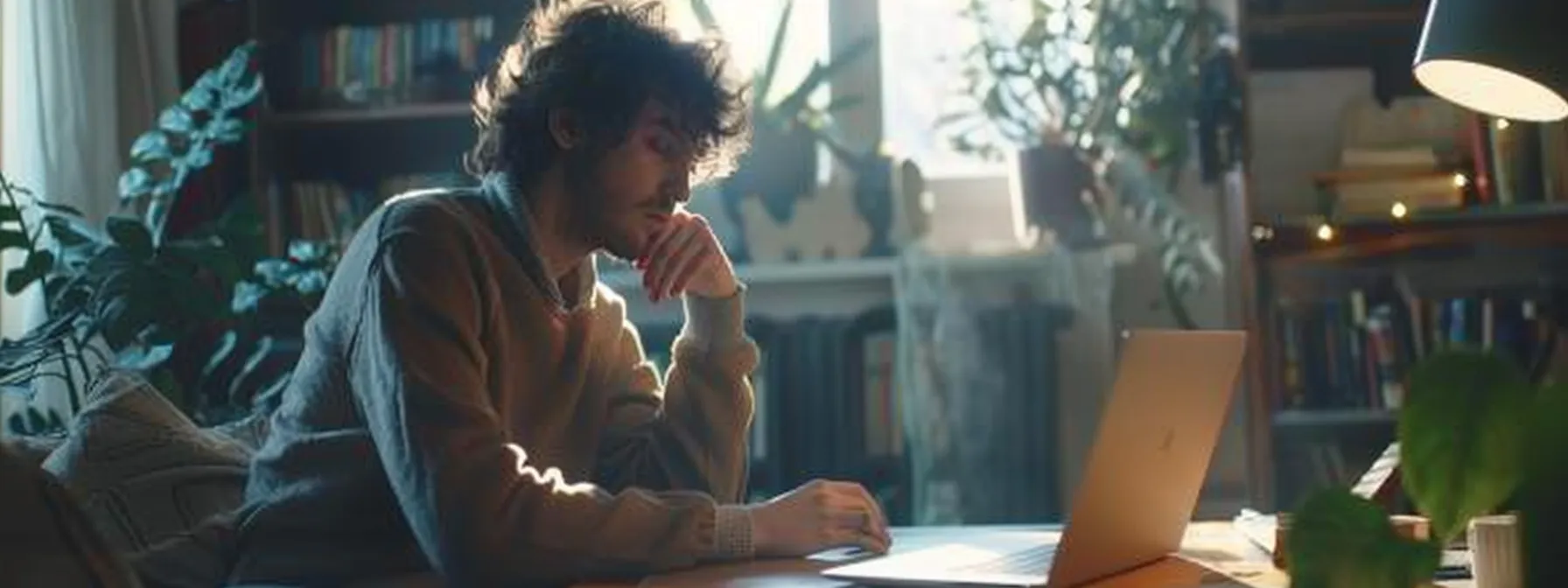 a person sitting in front of a laptop, deep in thought while looking at a blank notebook.