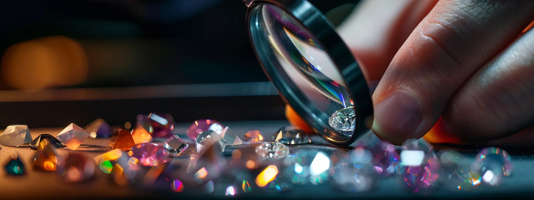 a person looking closely at a gemstone through a magnifying loupe in a gemology workshop.