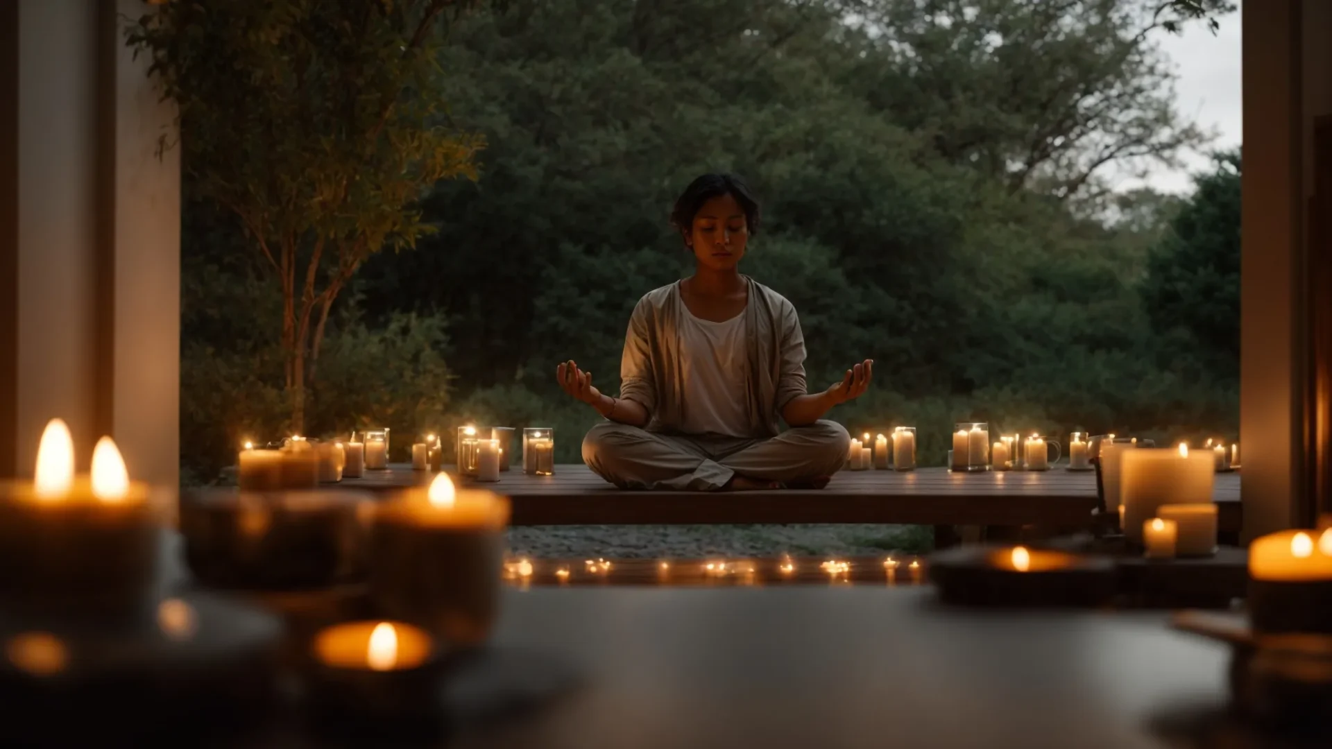 a person meditating in a peaceful natural setting, surrounded by candles and calming decor.