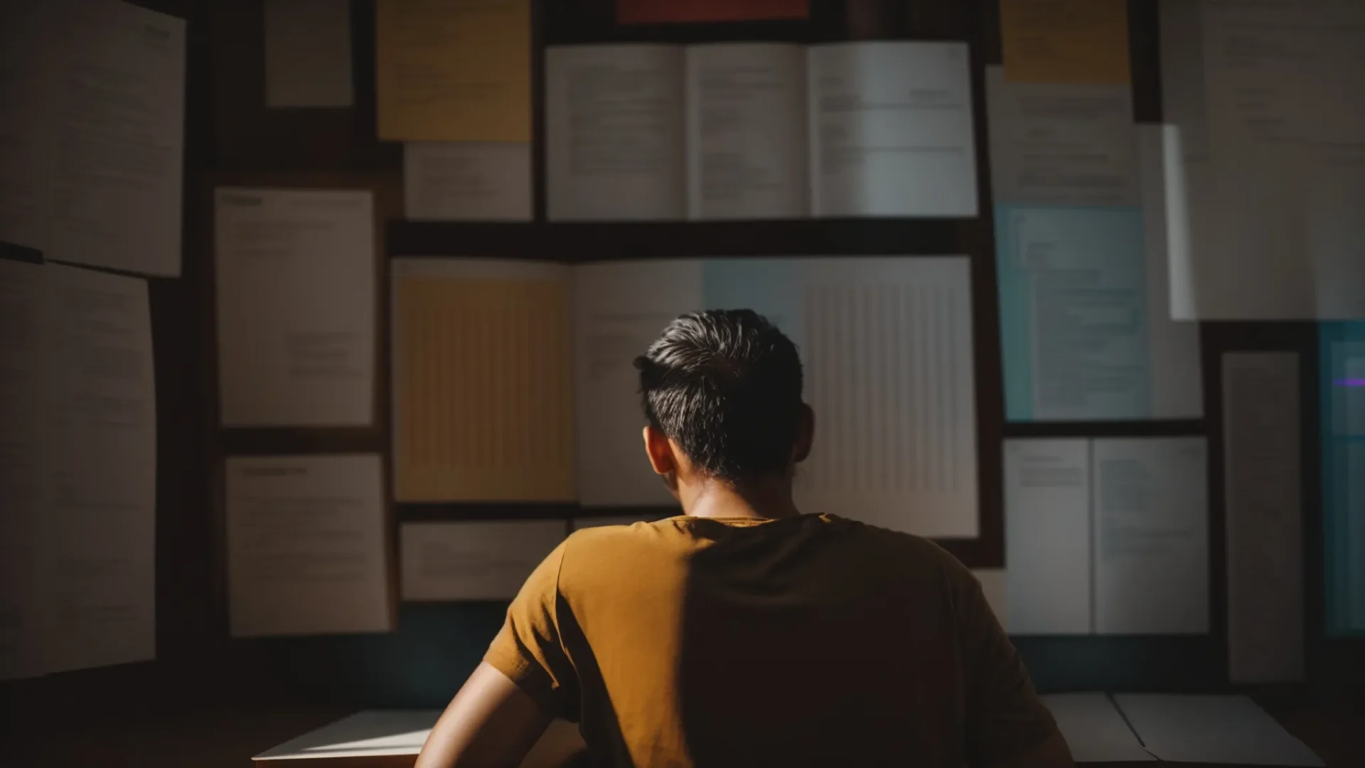 a person deep in thought, surrounded by positive affirmations and surrounded by supportive guides during a psych-k session.