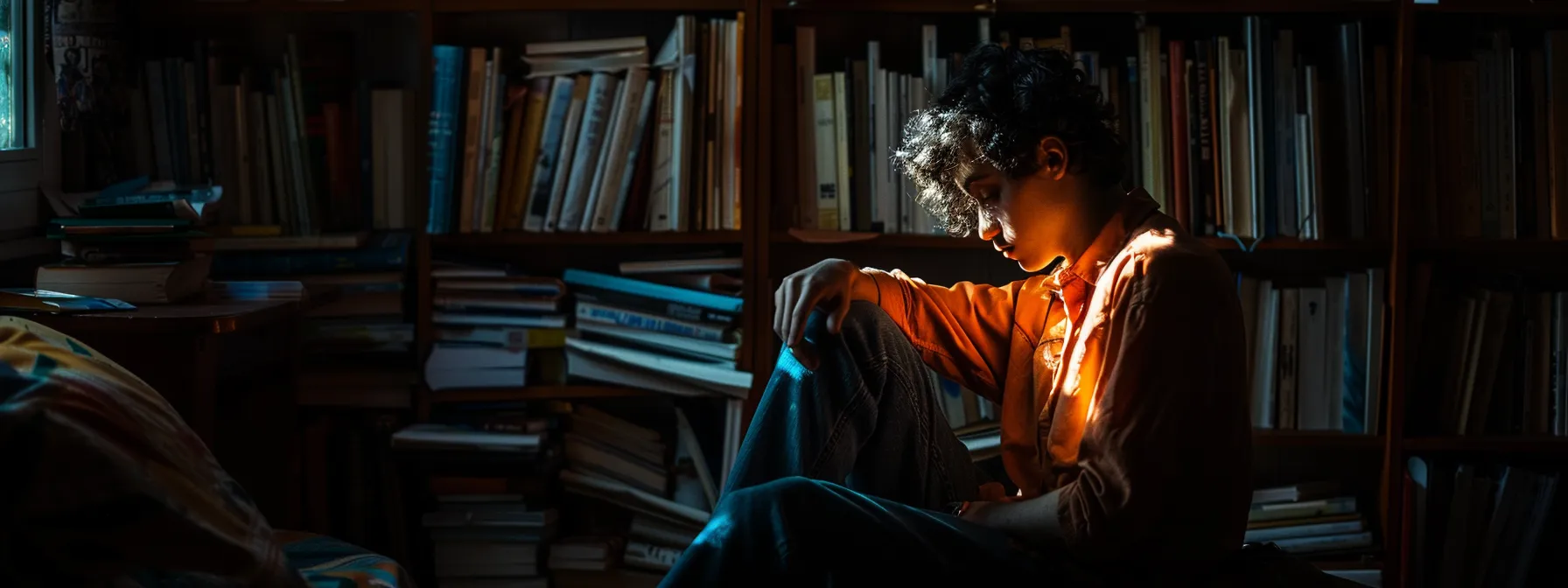 a person sitting alone, deep in thought, surrounded by self-help books and a journal.