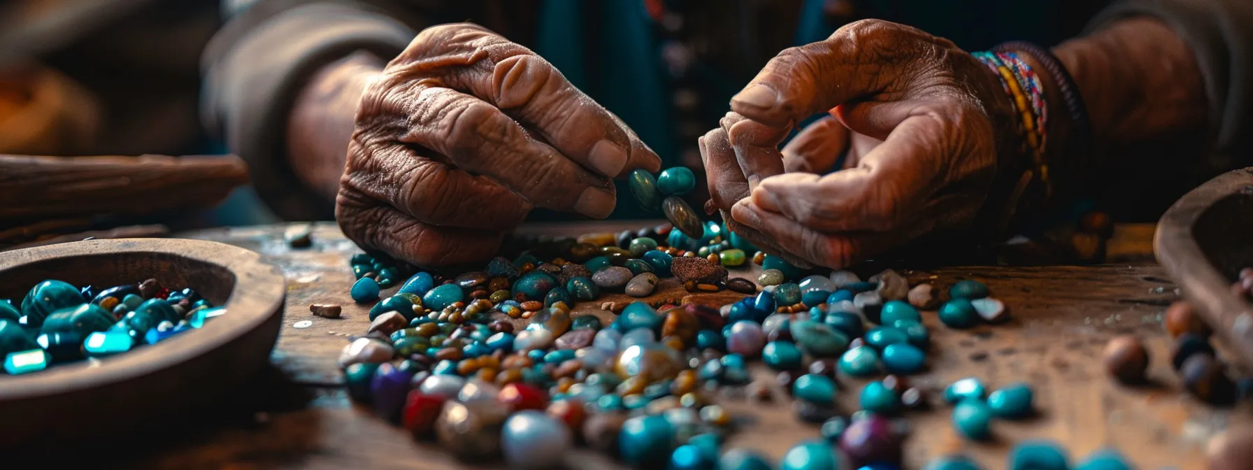 artisan delicately arranging vibrant natural stones for custom bracelet.