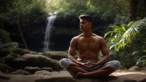 a person sitting peacefully in a meditation pose surrounded by nature, with a calm and serene expression on their face.