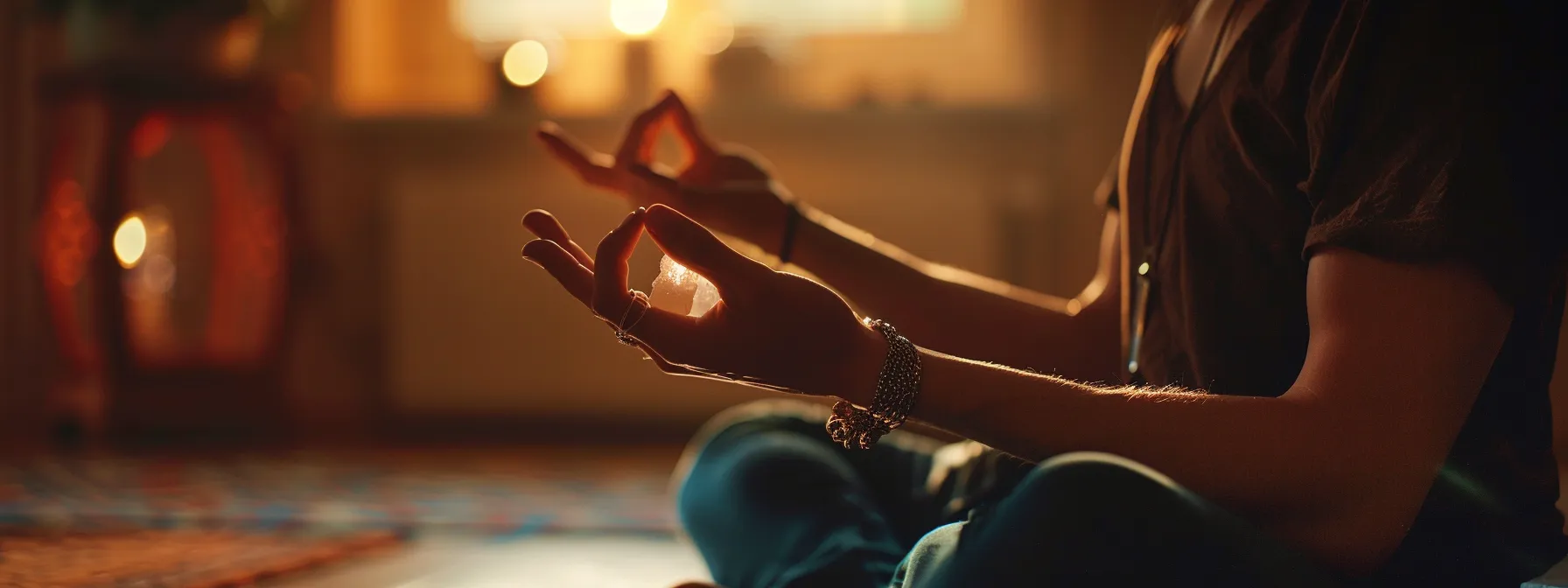 a person holding a crystal bracelet while meditating with closed eyes.