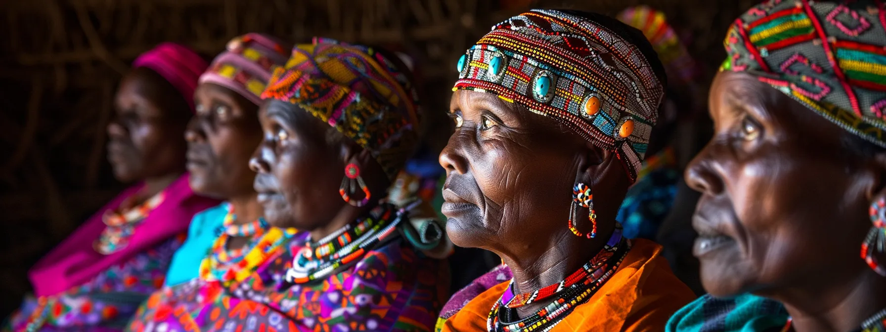 a group of african women wearing intricately crafted gemstone jewelry at a traditional village ceremony.