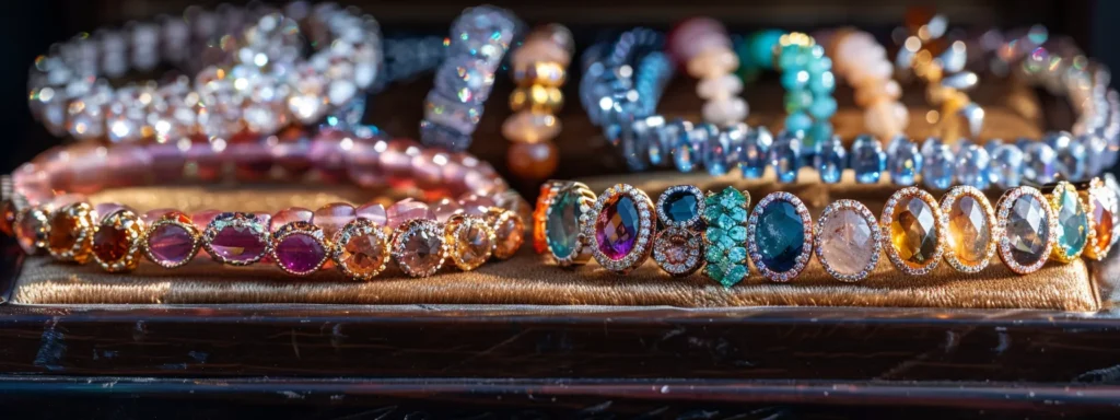 a collection of shimmering gemstone bracelets displayed on a velvet jewelry tray.