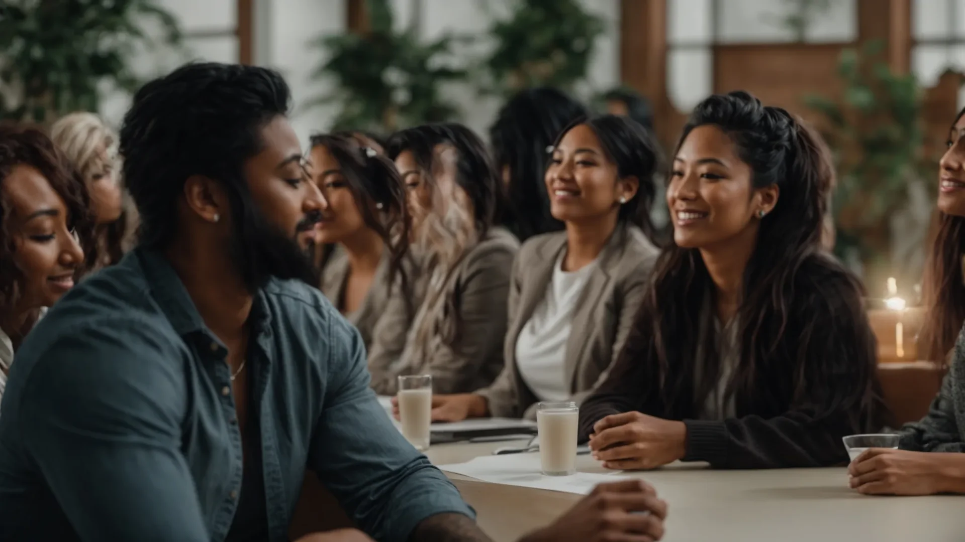 a group of diverse individuals participating in an international psych-k seminar, engaging in discussions and experiential activities that promote personal growth and transformation.