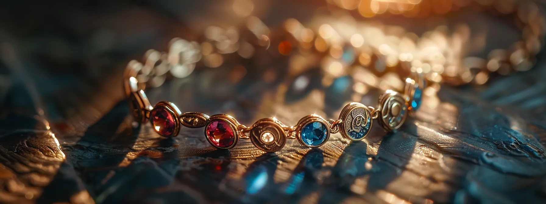 a birthstone bracelet with symbols and engravings representing cherished memories and beliefs.