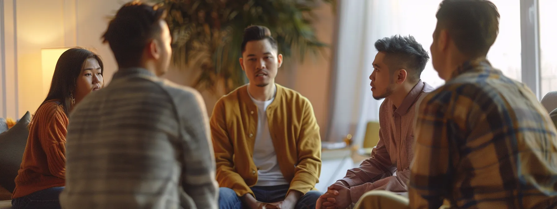 a diverse group of people engaged in a therapy session, deep in conversation and introspection.