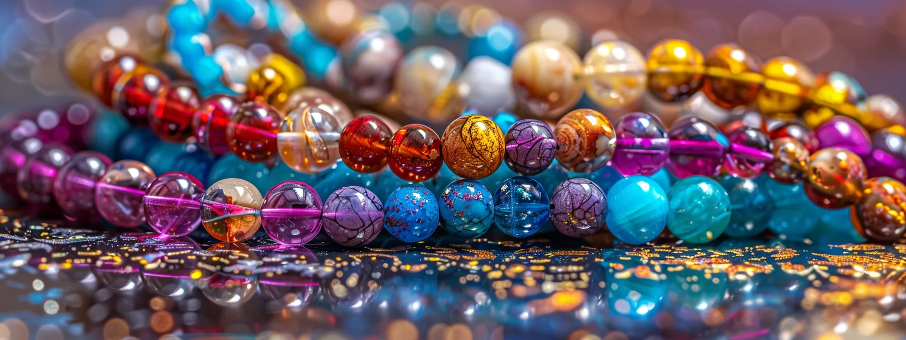 a beaded bracelet with vibrant gemstone colors and different textures creating a visually captivating design.