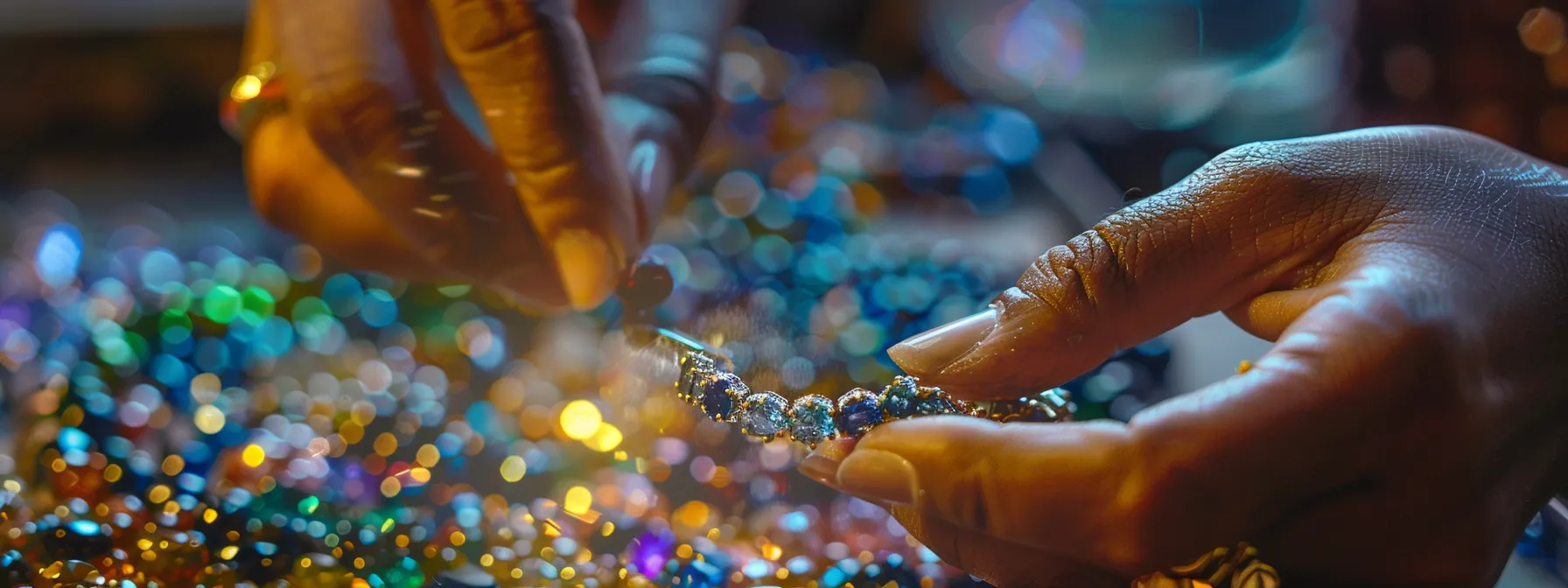 a person carefully polishing a dazzling gemstone bracelet.