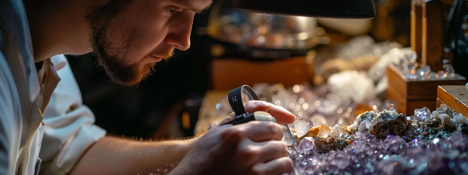 a gemologist using a strong loupe to inspect gemstones under proper lighting.