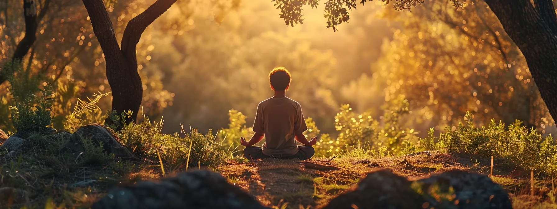 a person sitting in a peaceful meditation pose, surrounded by calming nature scenery.