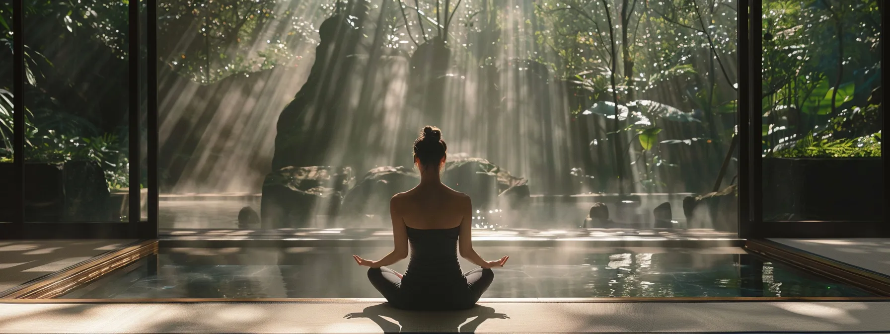 a person performing a serene morning meditation in a peaceful setting.