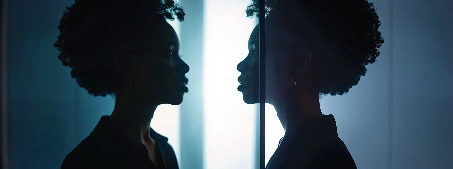 a person standing in front of a mirror, looking at their reflection with a sense of empowerment and self-discovery.